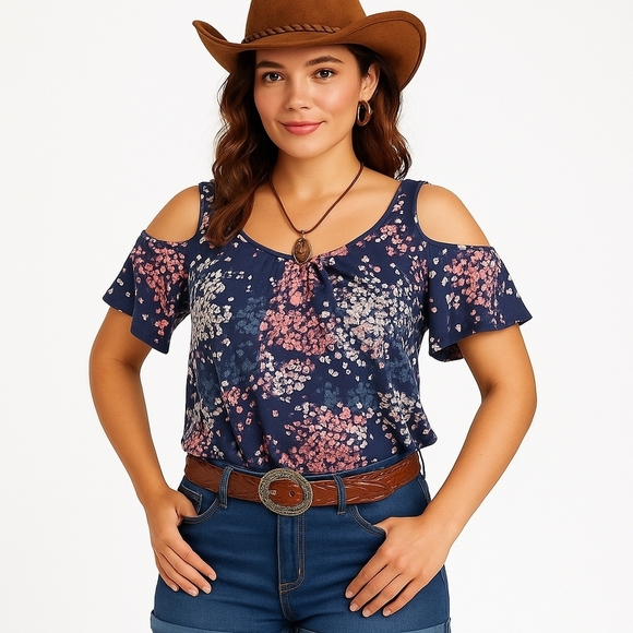 Lucky Brand Floral Cold Shoulder Navy Boho Top XL Blouse Flutter Sleeve - Picture 11 of 11